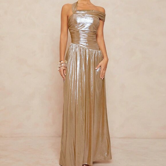 Dresses & Skirts - Gold Preppy Women's Asymmetrical Backless Metallic Maxi Dress